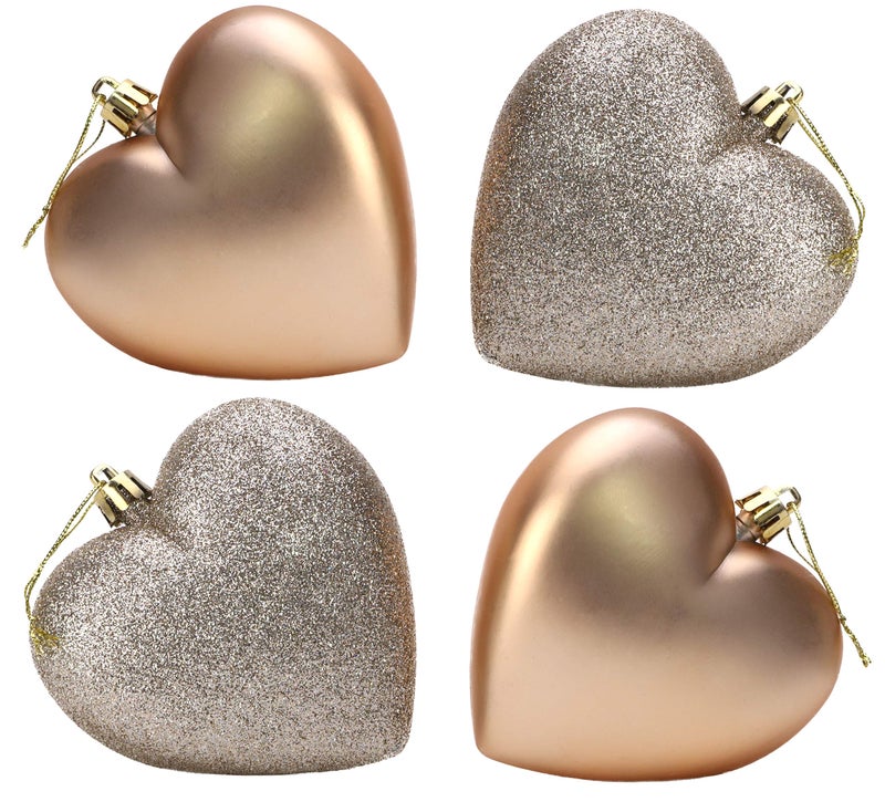 Christmas Concepts 4-100mm Heart Shaped Baubles - Matte & Glitter Design - Christmas Ornaments (Champagne) - Image 1